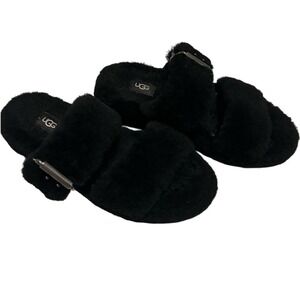 UGG Fuzz Yeah Black Furry Comfy Slipper Slide Slip on Sandal with buckle Size 7